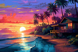 Fototapeta  - Beautiful sunset painting with boats, rivers, houses and trees.
