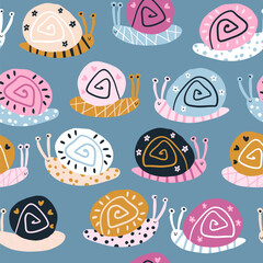 Sticker - Snails seamless pattern. Summer nursery vector background in colorful trending colors. Hand-drawn childish naive illustrations in a simple Scandinavian style in a limited palette