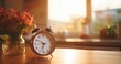 © Ilona - alarm clock and flower vase on the table in the room in morning  with window in the background.
