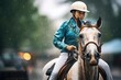 rainjacketclad rider on horse in rain