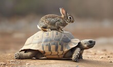 Small Bunny Siting On The Back Of A Tortoise. 