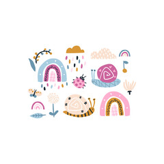 Sticker - Rainbow snails in the rain. Summer vector set in colorful trending colors. Hand-drawn childish naive illustrations in a simple Scandinavian style in a limited palette. Isolate on white background