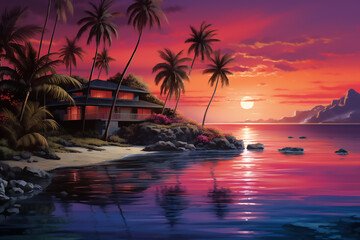 Beautiful sunset painting with boats, rivers, houses and trees.