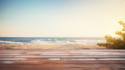 Wooden table ocean bokeh background, empty wood desk surface product display mockup with blurry sea water sunny beach abstract summer travel backdrop advertising presentation. Mock up, copy space.