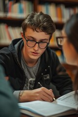 Canvas Print - A young man sitting at a table with a book. Suitable for educational or study-related concepts