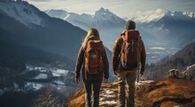 Two Mountaineers Brave The Harsh Winter Elements As They Stand Atop A Snow-covered Summit, Their Jackets And Backpacks Signaling Their Love For The Outdoors And Determination To Conquer The Mountain 