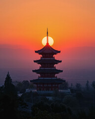 Wall Mural - Sun Aligning with Pagoda Roof