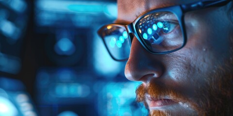Aufkleber - A detailed shot of a man with glasses and a beard. This image can be used in various contexts
