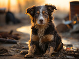 Fototapeta Młodzieżowe - Close-up of young homeless Australian Shepherd puppy with muddy paws lying down. Rescue, care of homeless animals. Shelters, volunteering, life about abandoned dogs. Cute pets on the streets