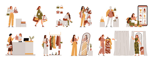 Sticker - Woman shopping set in flat design