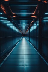 Poster - A long hallway illuminated with blue lights. Perfect for futuristic, sci-fi, or modern themed projects