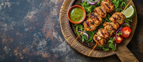 Canvas Print - Seekh Kabab made with minced chicken or Mutton keema served with green chutney and salad. Copy space image. Place for adding text