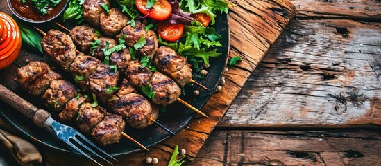 Canvas Print - Seekh Kabab made with minced chicken or Mutton keema served with green chutney and salad. Copy space image. Place for adding text