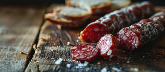 Canvas Print - Popular Spanish dry cured pork sausage Salchichon on wooden table. Copy space image. Place for adding text