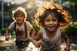© Larisa AI - A joyful toddler and young boy, dressed in bathing suits, splash and play in the cool water, their beaming faces reflecting the carefree and adventurous spirit of childhood