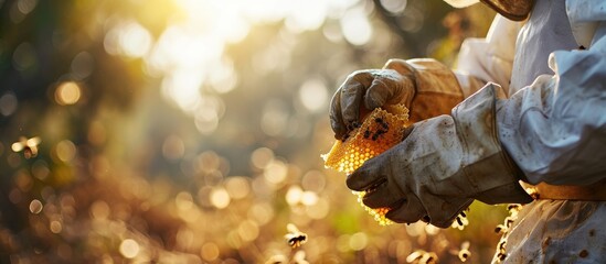 Wall Mural - A beekeeper in a protective suit and gloves holds a wooden frame with honeycomb honey and bees Bees carry honey Eco apiary in nature Production of natural honey Honey Combs. Copy space image