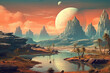 Alien planet landscape with mountains and moon over horizon in retro style