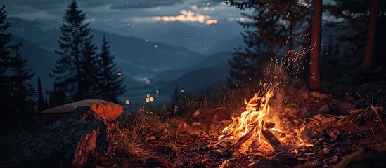 Poster - Burning wood at night Campfire at touristic camp at nature in mountains Flame amd fire sparks on dark abstract background Cooking barbecue outdoor Hellish fire element Fuel power and energy