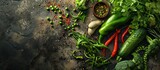 Fototapeta Most - A high angle view color studio image of Egyptian Arabian Middle Eastern Traditional food Fava Beans with Vegetables Green Paprika A K A Foul Also served in Lebanon and most of Arabian countrie