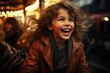 A carefree girl's laughter fills the bustling street as her wind-blown hair frames her joyful smile, her stylish jacket adding a touch of flair to her outdoor adventure