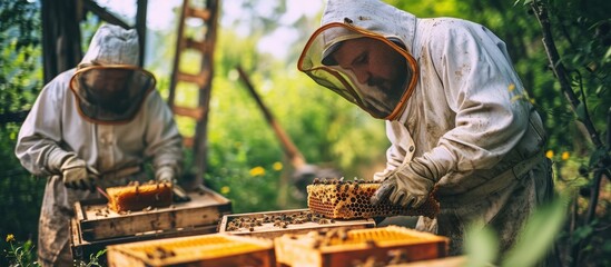 Wall Mural - A woman beekeeper extracting a honeycomb from a hive in front of another beekeeper. Copy space image. Place for adding text