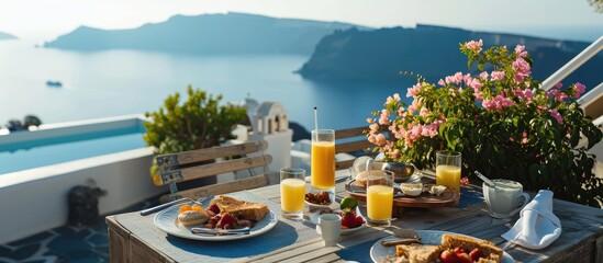 luxury travel resort breakfast in room service at fancy hotel restaurant with amazing balcony view o