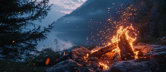 Poster - 3d rendering of big bonfire with sparks and particles in front of foggy mountain and starry sky. Copy space image. Place for adding text