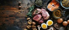 Foods High In Selenium As Brasil Nuts Tuna Shrimps Beef Liver Chicken Meat Mushrooms Pumpkin Seeds Sunflower Seeds Buckwheat And Eggs Top View. Copy Space Image. Place For Adding Text