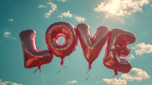 Text LOVE Written From Pink Air Balloons On Blue Sky Background With Sunlight 