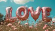 text LOVE written from pink air balloons with pink flowers on blue sky background 