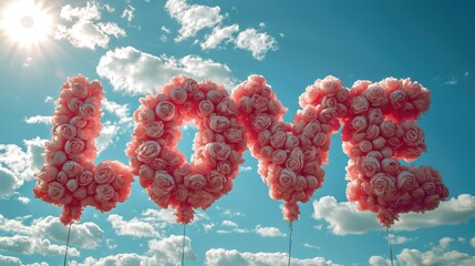 Canvas Print - LOVE from pink air balloons on blue sky background 