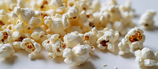 Wall Mural - Macro popcorn isolated on white background. Copy space image. Place for adding text