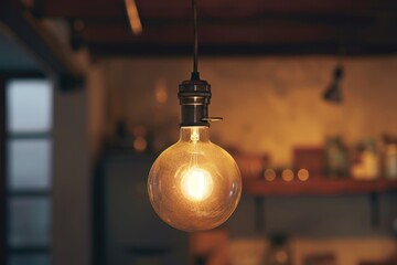 Poster - A light bulb suspended from the ceiling in a kitchen. Perfect for adding a modern touch to kitchen interior design