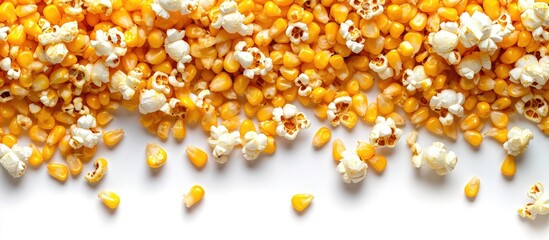 Canvas Print - Yellow grain corn isolated on white background and texture for popcorn top view. Copy space image. Place for adding text