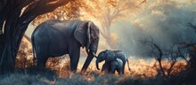 A Mother Elephant Teaching Her Baby How To Survive. Copy Space Image. Place For Adding Text