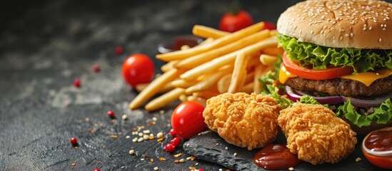 Wall Mural - Big hamburger chicken nuggets and French fries. Copy space image. Place for adding text