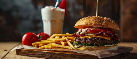 Wall Mural - Gourmet beef burger with chips and shake. Copy space image. Place for adding text
