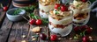 Three glasses with a layered creamy yoghurt dessert trifle with cookies amaretti cherries and thyme in a tropical setting. Copy space image. Place for adding text