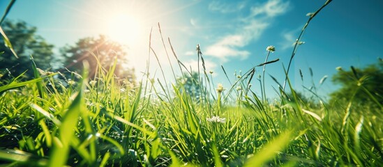 Canvas Print - Field of grass blue sky and sun. Copy space image. Place for adding text