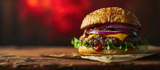 Poster - Double smash burger with caramelized onion close up. Copy space image. Place for adding text