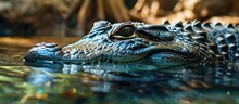 Saltwater Crocodile Underwater Closeup. Copy Space Image. Place For Adding Text