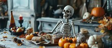 Scary Halloween Skeleton In The Kitchen Getting Ready To Prepare Food For The Holiday. Copy Space Image. Place For Adding Text