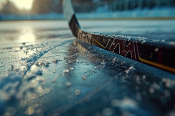 Canvas Print - A hockey stick placed on top of an ice rink. Perfect for sports and winter-themed designs