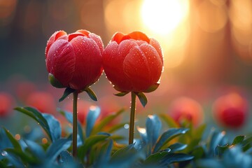 Sticker - Red tulip peony flowers in sunny light background 