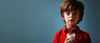 A boy in red shirt refusing from milk. Copy space image. Place for adding text