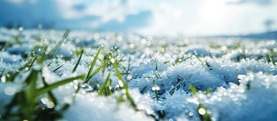 Canvas Print - Macro photo of large hailstones in a meadow. Copy space image. Place for adding text