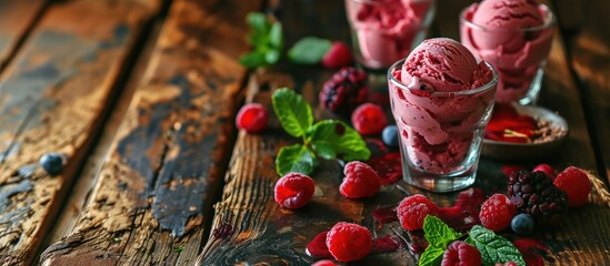 Canvas Print - Raspberry ice cream with berries and mint served in glasses on an old wooden table selective focus. Copy space image. Place for adding text