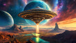 Disco voador OVNI no céu, pousando em um planeta, conceito de tecnologia avançada de ficção científica e alienígenas, arte psicodélica, cyberpunk, futurista
