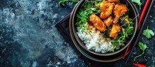 A Bowl Of Delicious Honey Garlic Chicken Drumsticks With Rice. Copy Space Image. Place For Adding Text