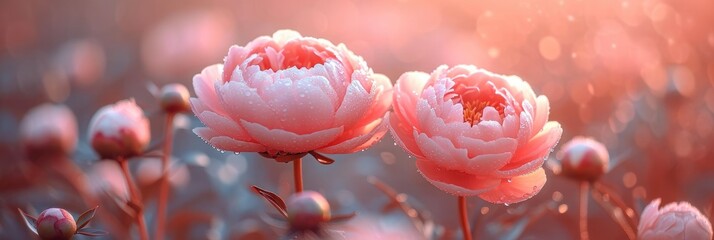 Poster - Pink Peony  Flowers in Garden Sunlight for Mother's Day Celebration, banner